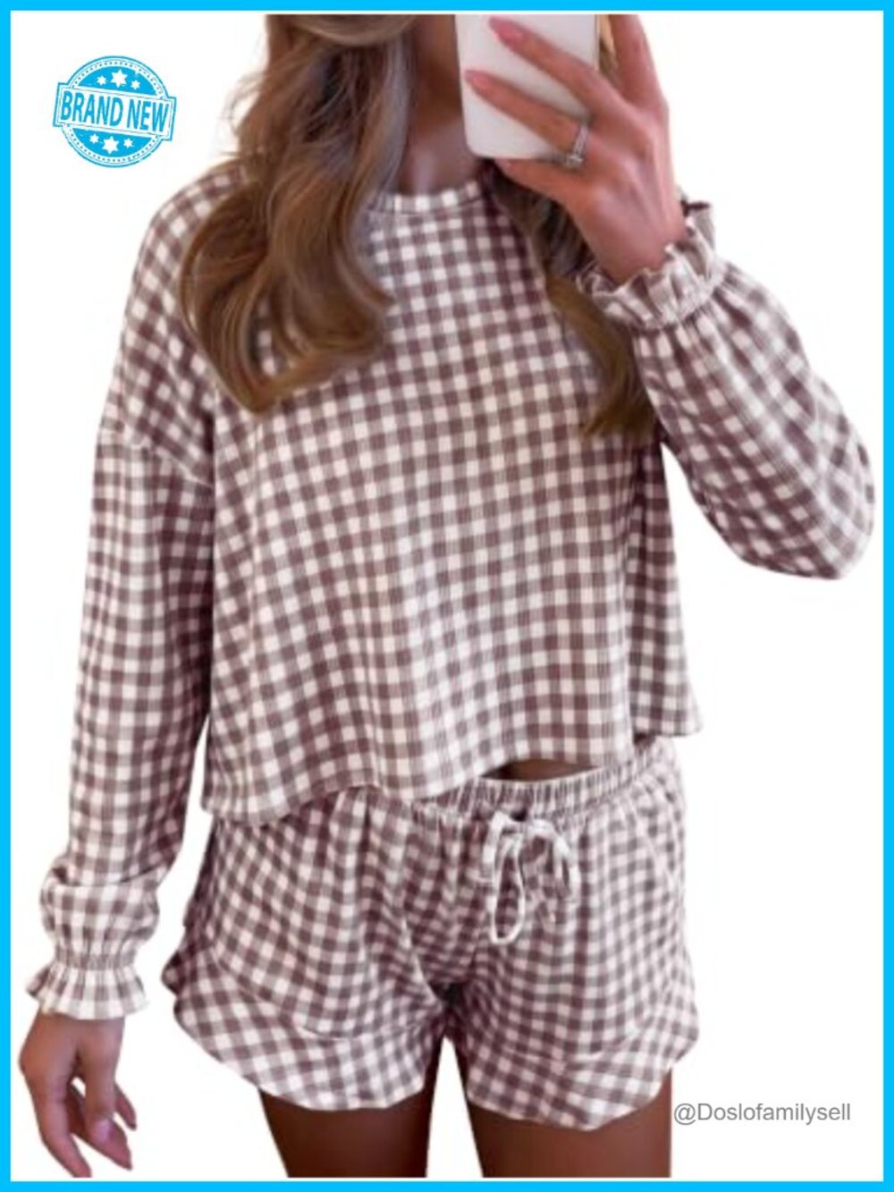Women's Gingham Lounge Set Pajamas Short Set Puff Long Sleeve Ruffle Hem